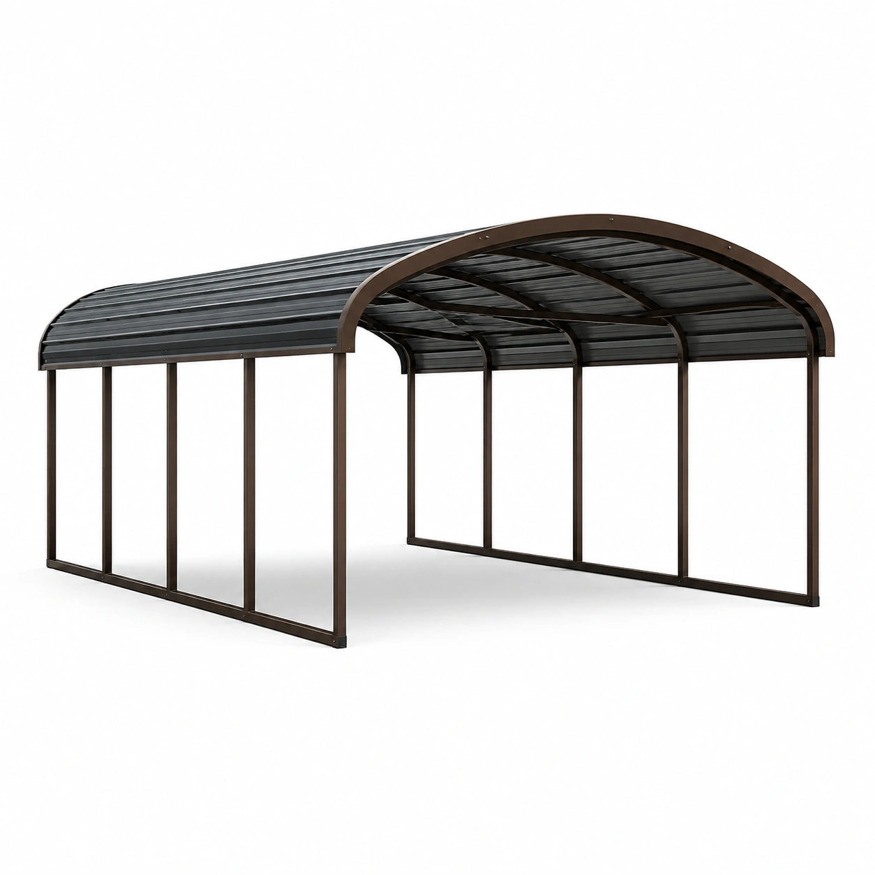 Carport double en acier brun et anthracite avec toit arqué, 600 × 600 × 300 cm