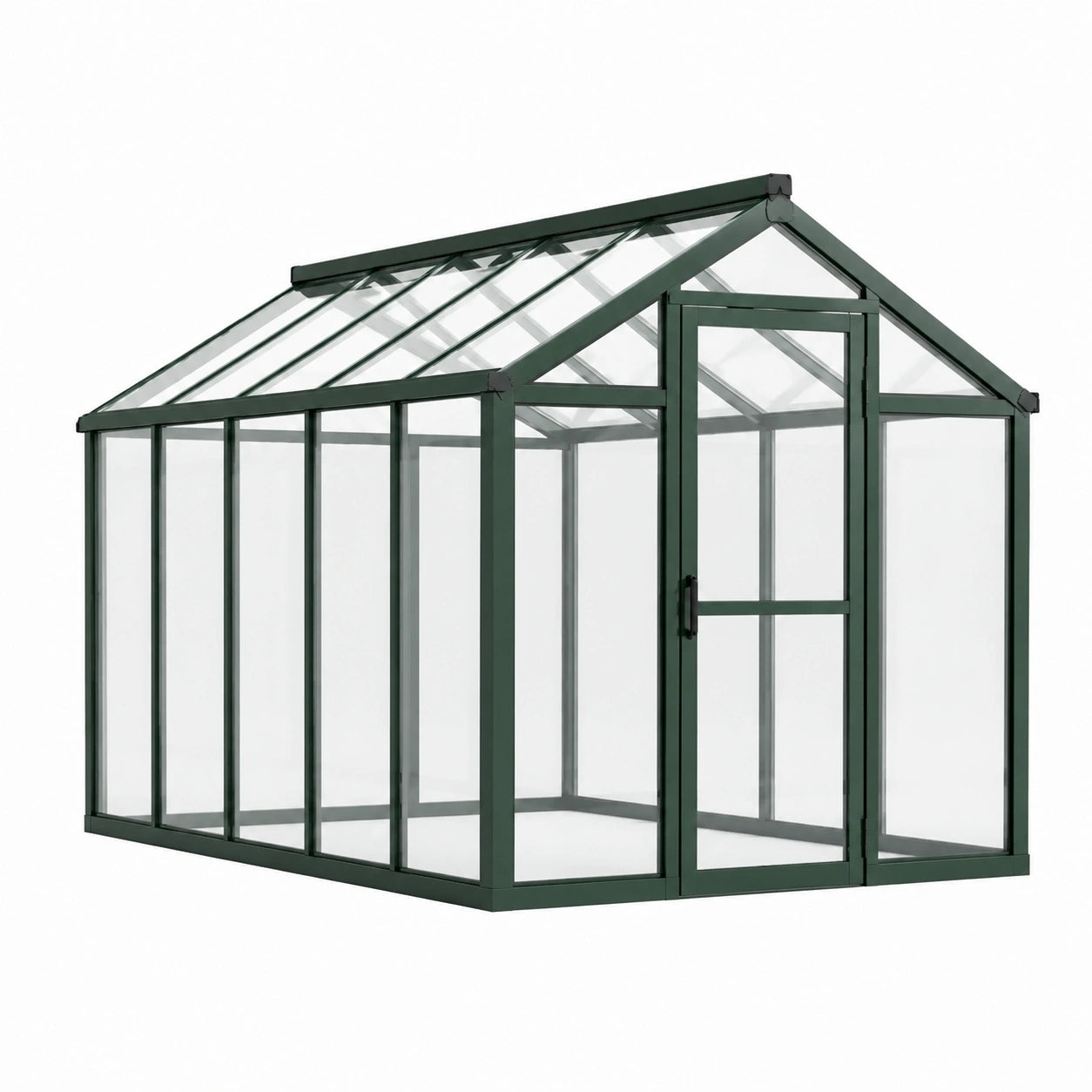 Structure en aluminium vert foncé avec panneaux transparents, toit à deux pentes et porte battante, 250 × 190 × 195 cm