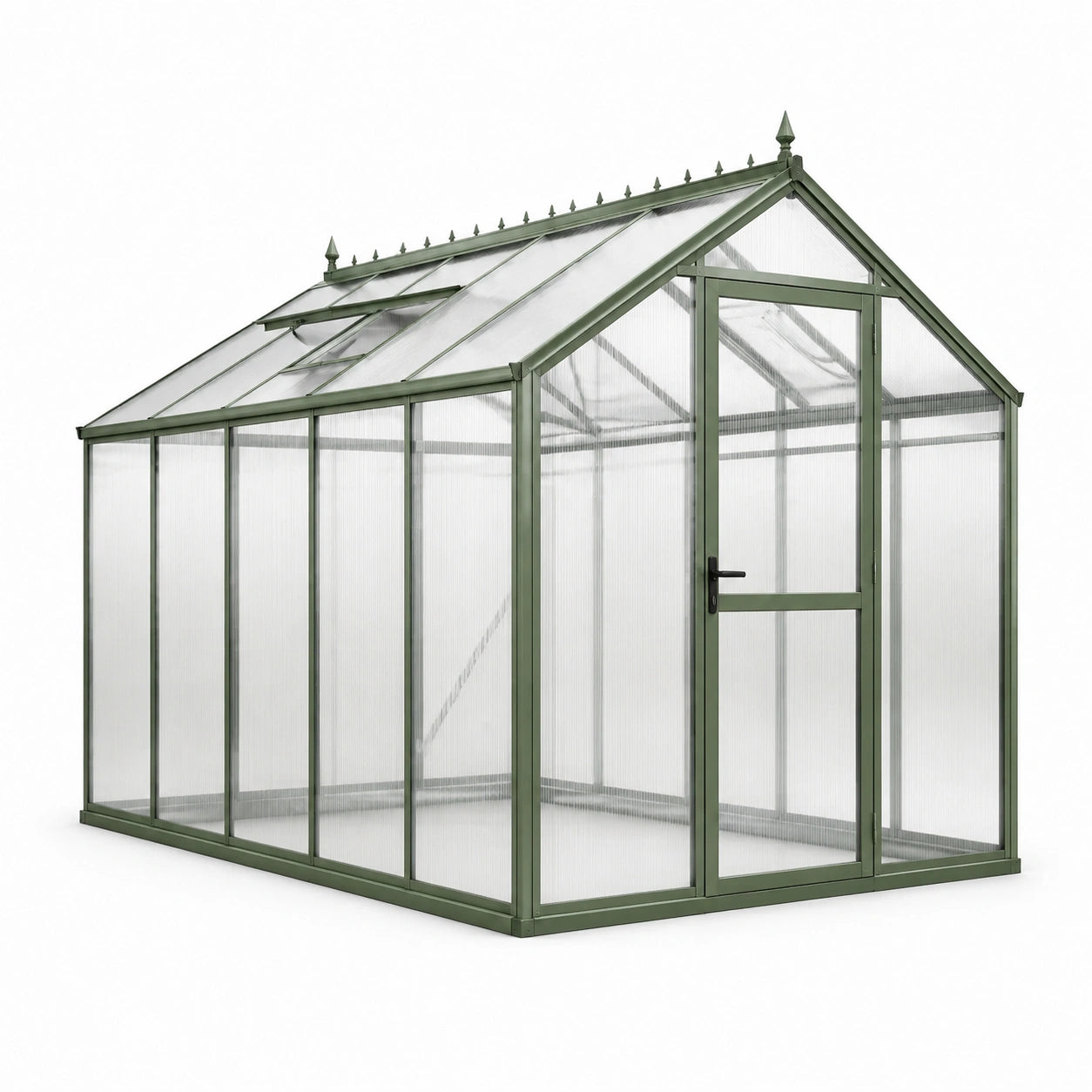 Serre de jardin en aluminium vert et polycarbonate transparent avec porte battante et lucarne, 250 × 190 × 210 cm