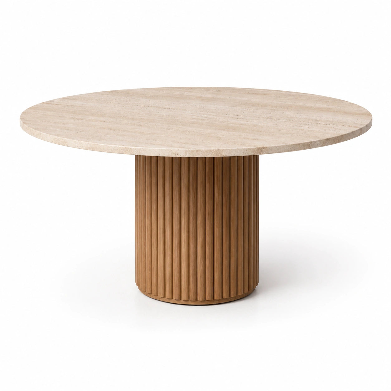 Table ronde avec plateau beige effet pierre et pied central cannelé marron, Ø 120 x H 76 cm