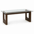Table à manger contemporaine 140 × 80 × 75 cm, verre transparent, finition marron effet bois et détails dorés