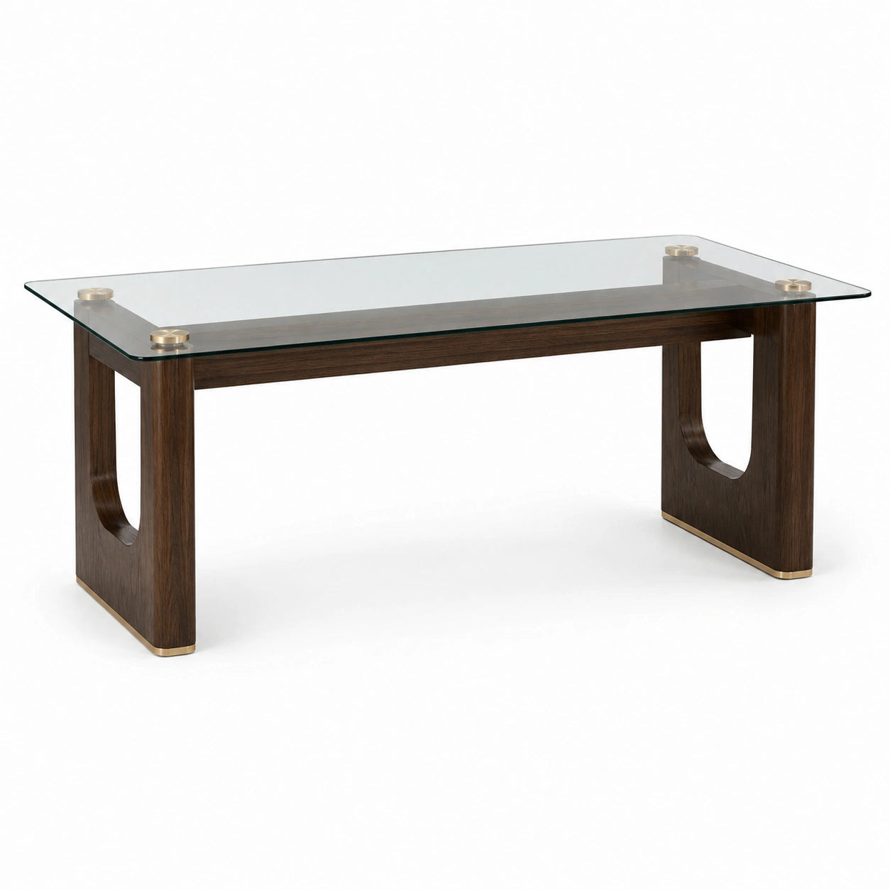 Table à manger contemporaine 140 × 80 × 75 cm, verre transparent, finition marron effet bois et détails dorés