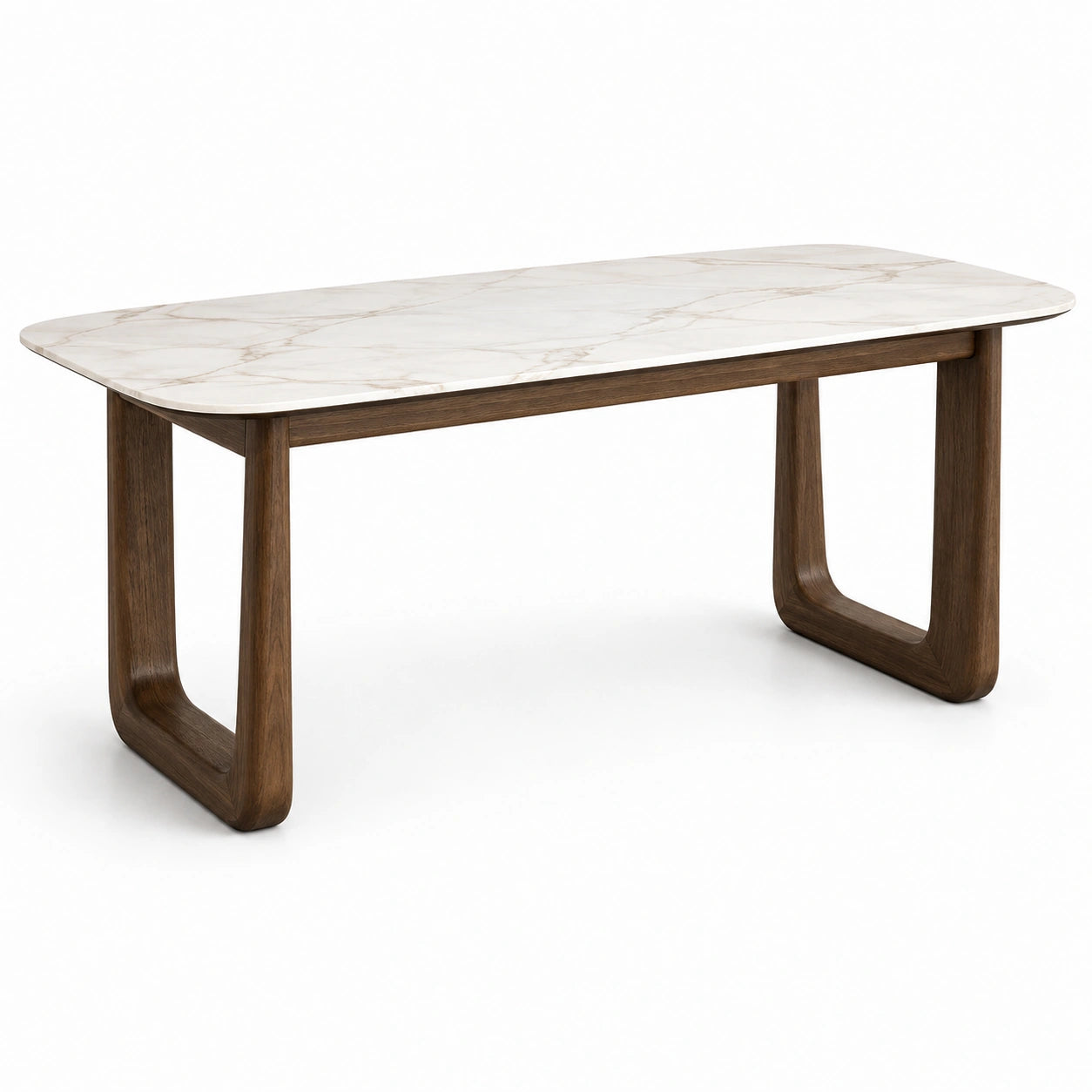 Table à manger contemporaine 160 × 80 × 75 cm, plateau blanc effet marbre et structure en bois brun