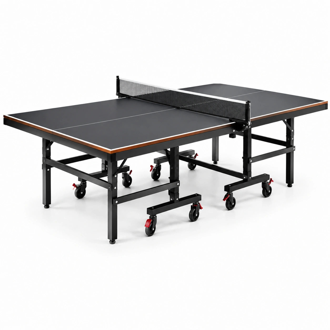 Table de tennis de table pliable noire, marron et rouge, 274 × 152,5 × 76 cm, avec filet et roulettes à frein