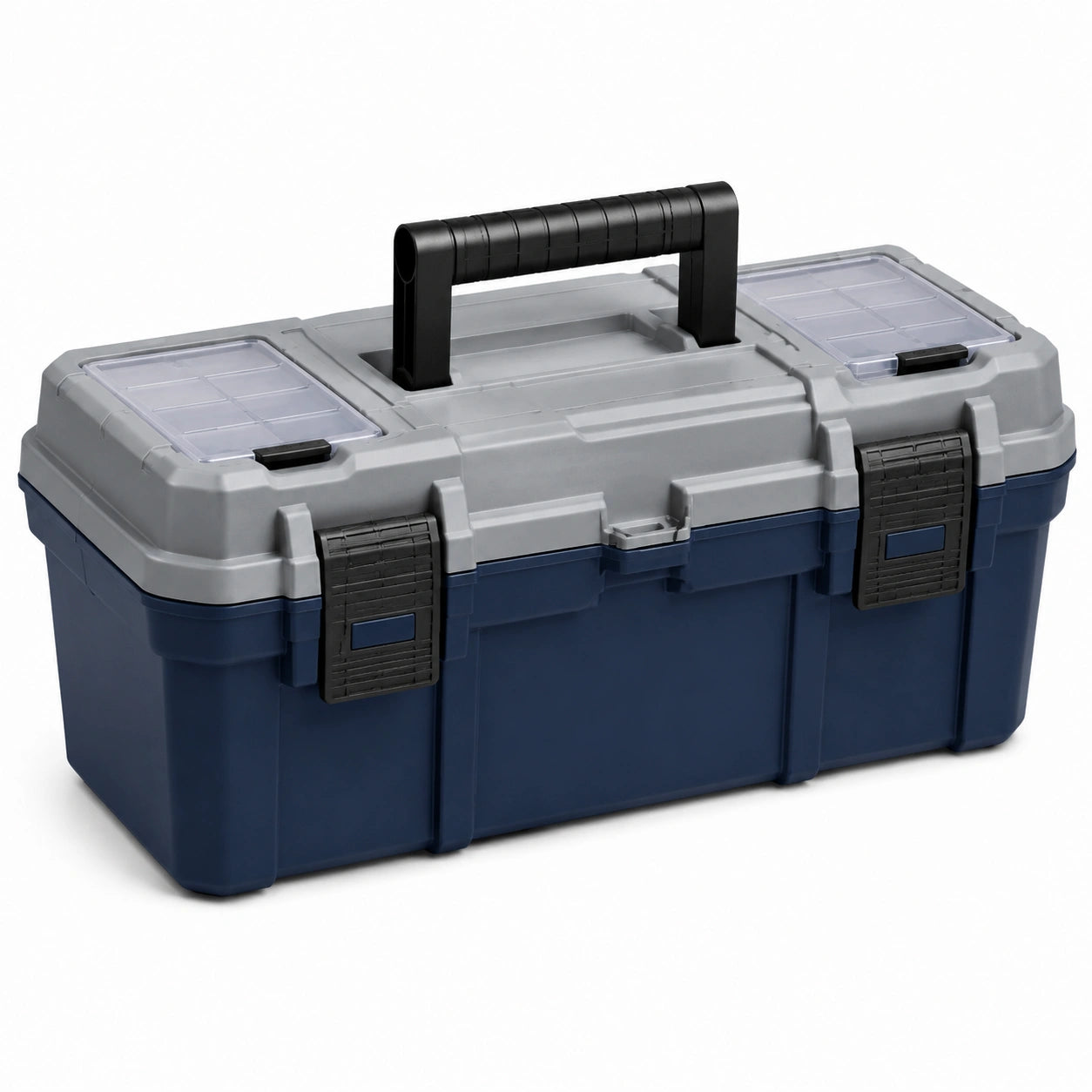 Boîte à outils portable bleu marine et grise avec compartiments, 48 × 25 × 24 cm