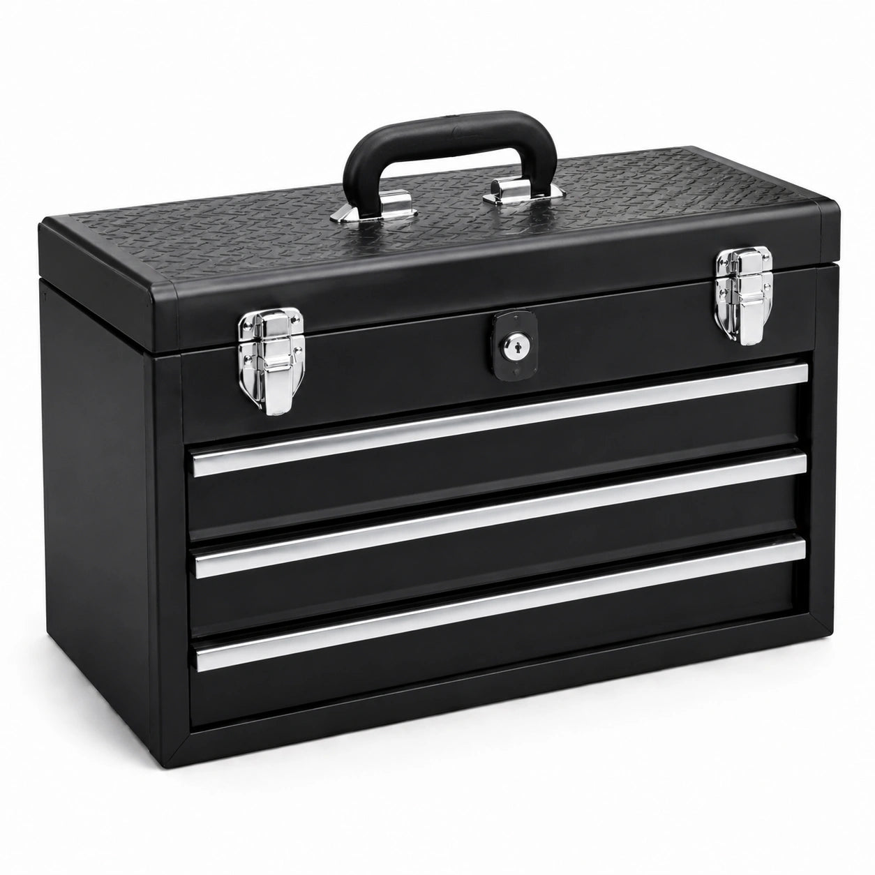 Caisse à outils verrouillable en acier noir et argenté avec 3 tiroirs, 51 × 22 × 35 cm