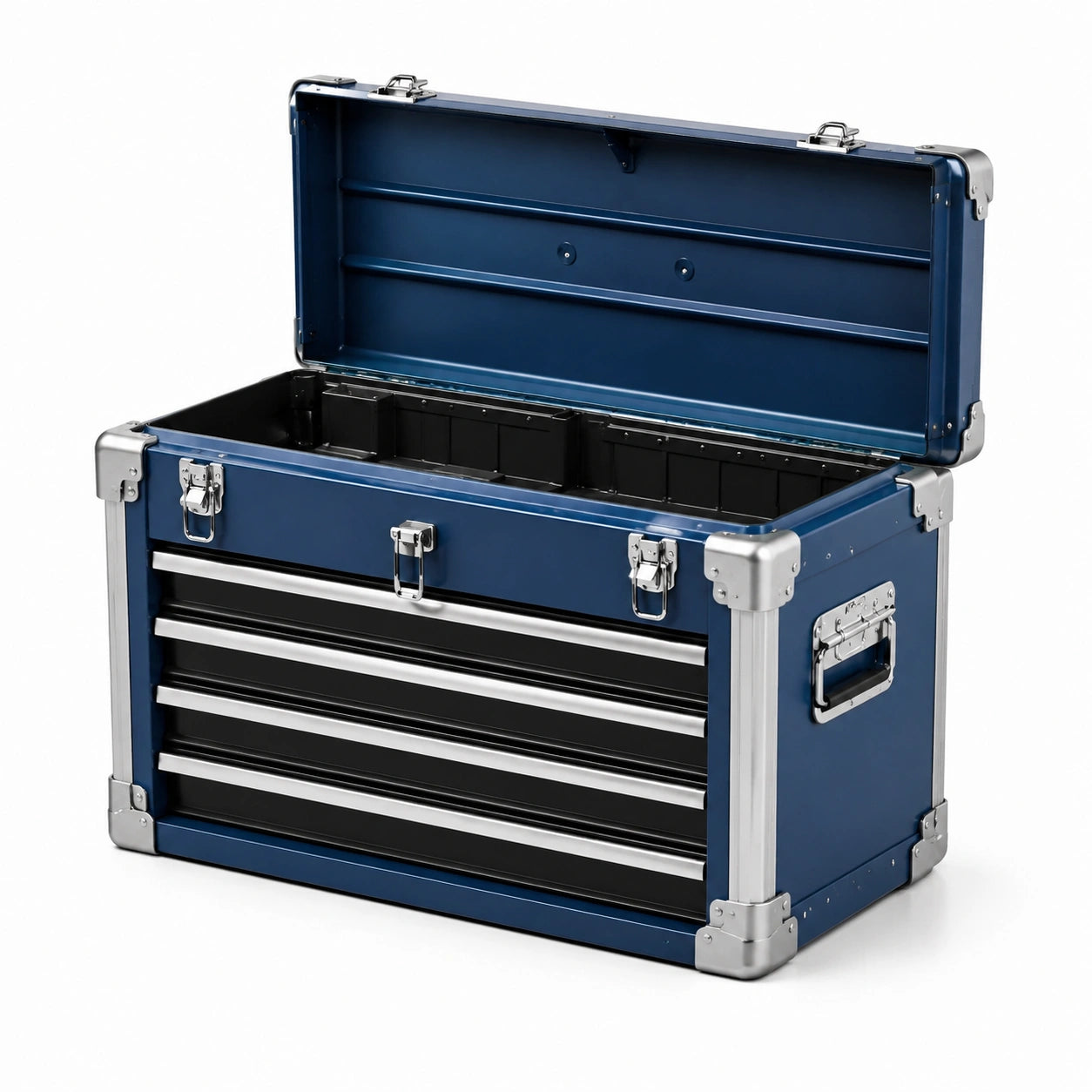 Coffre à outils en métal bleu marine, noir et argenté, 66 × 31 × 48 cm, 4 tiroirs et compartiment supérieur