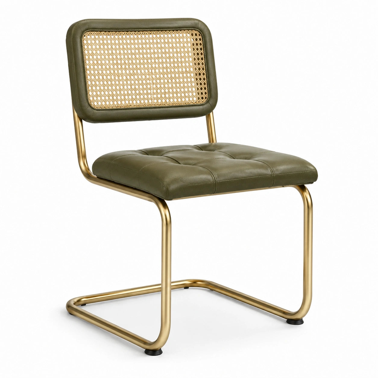Chaise rétro en similicuir vert olive, cannage naturel et métal doré, 52 × 57 × 80 cm