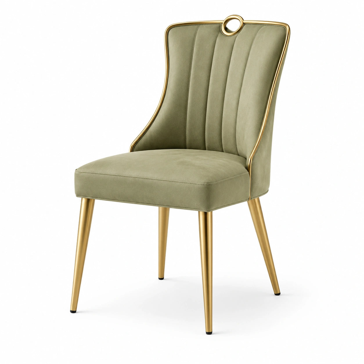 Chaise rembourrée en velours vert sauge et métal doré, 55 × 60 × 92 cm