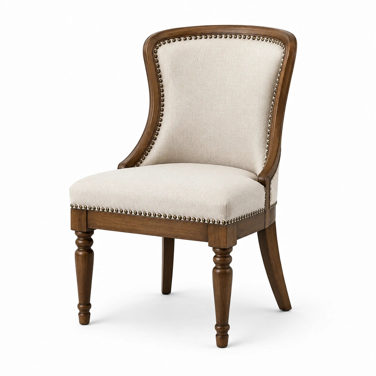Chaise classique en bois brun et tissu beige avec clous décoratifs, 55 × 60 × 95 cm