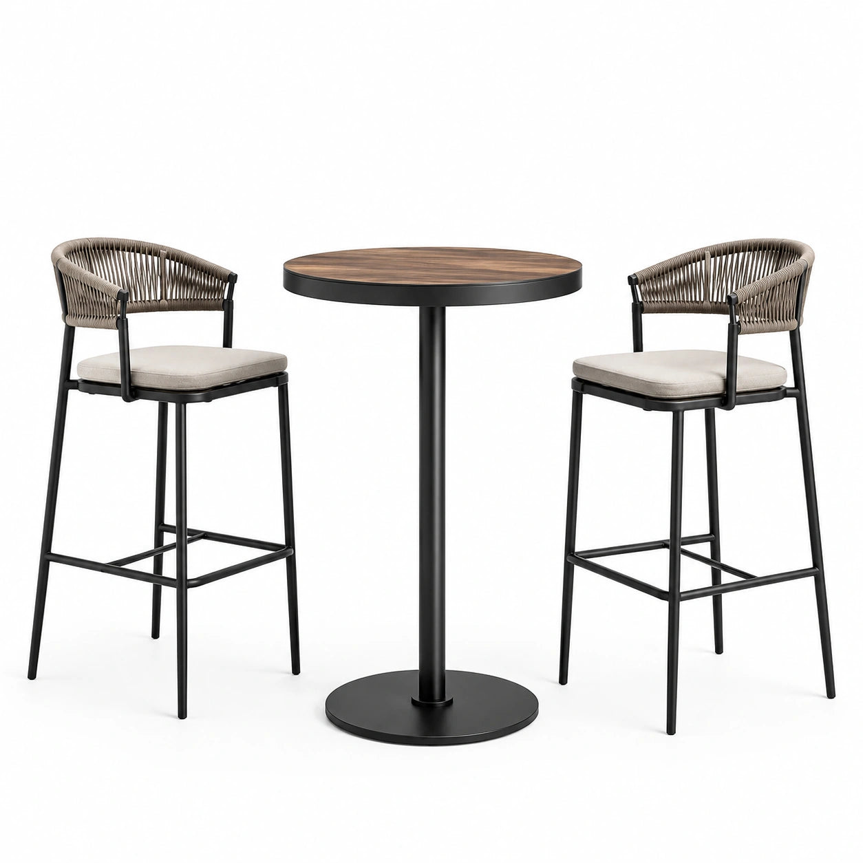 Ensemble de bar de jardin 3 pièces, table ronde Ø 70 × 105 cm et 2 tabourets 55 × 55 × 100 cm, noir, taupe, beige et marron