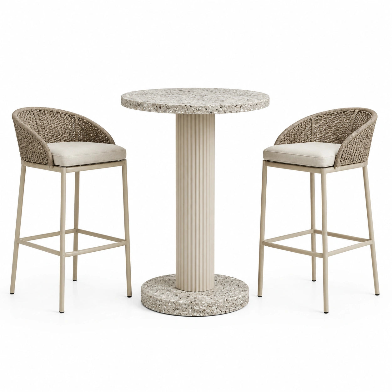 Ensemble 3 pièces beige et crème avec table ronde Ø 80 × H 105 cm et 2 tabourets hauts 55 × 57 × 100 cm