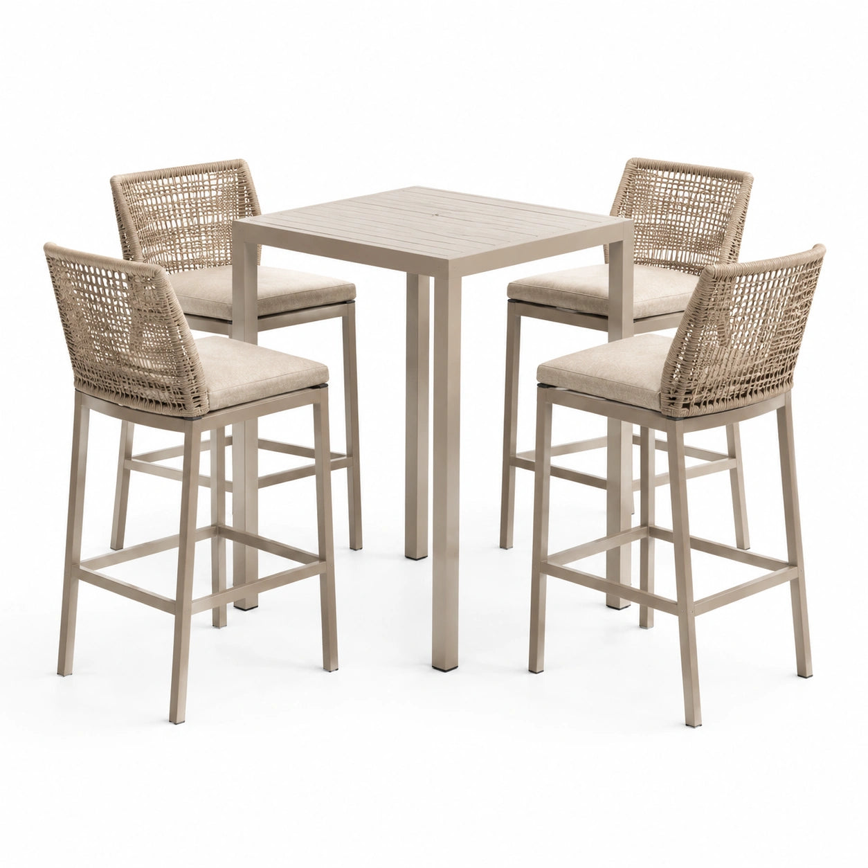 Ensemble repas de jardin 5 pièces beige et taupe, table haute 90 × 90 × 105 cm et 4 chaises 55 × 58 × 108 cm