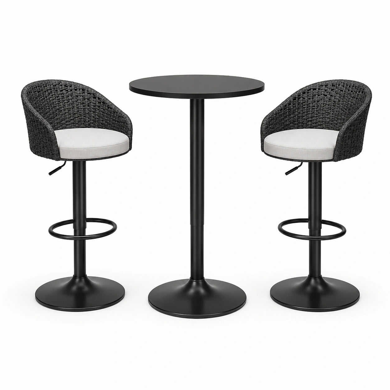 Ensemble de bar 3 pièces noir et blanc cassé avec table ronde Ø 60 × H 90 cm et 2 tabourets réglables 52 × 50 × H 95 cm
