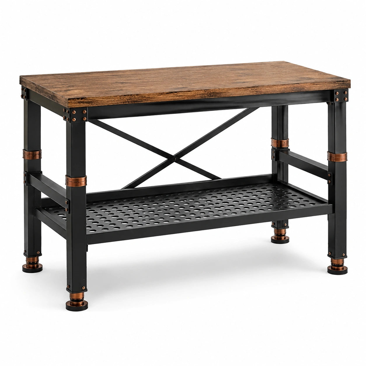 Établi industriel en panneau effet bois et acier noir avec étagère, 120 × 60 × 90 cm