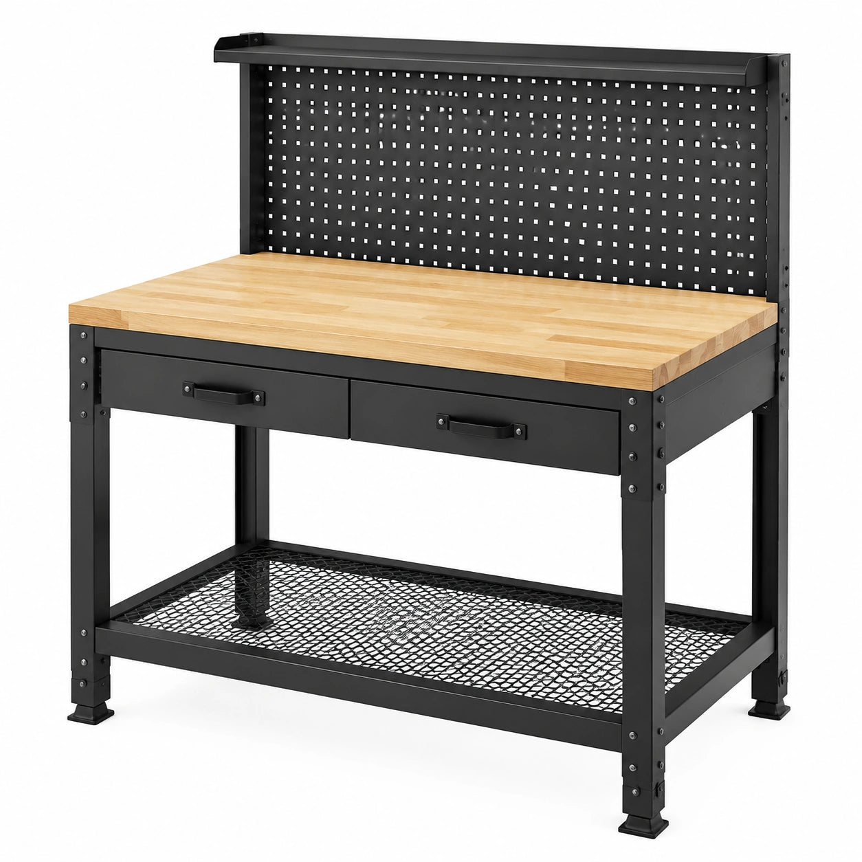 Établi d’atelier en acier noir et bois naturel avec panneau perforé, 2 tiroirs et 2 tablettes, 120 × 60 × 150 cm
