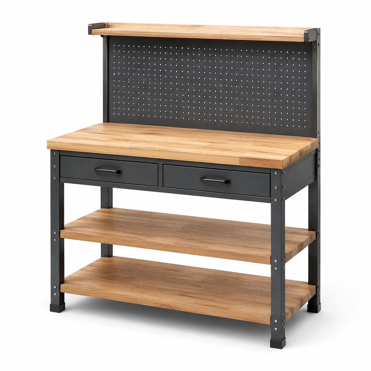 Établi d’atelier industriel 120 × 60 × 150 cm en bois naturel et acier noir avec panneau perforé, 2 tiroirs et 3 tablettes