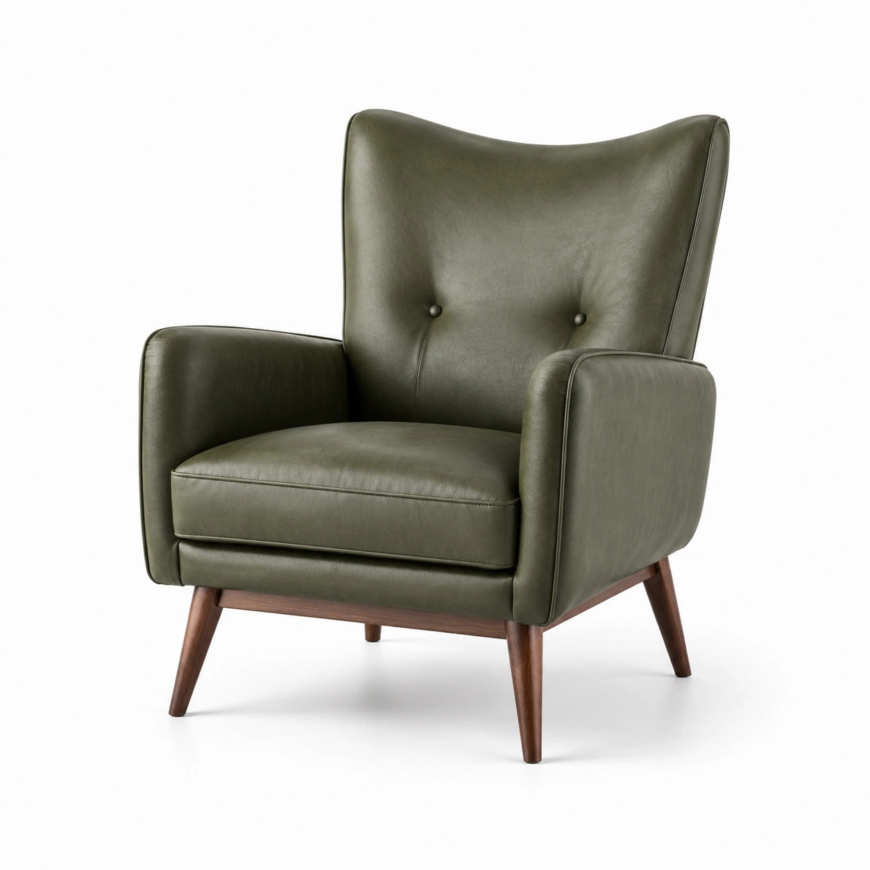 Fauteuil rétro vert olive et marron en revêtement synthétique aspect cuir avec pieds en bois, 76 × 82 × 95 cm