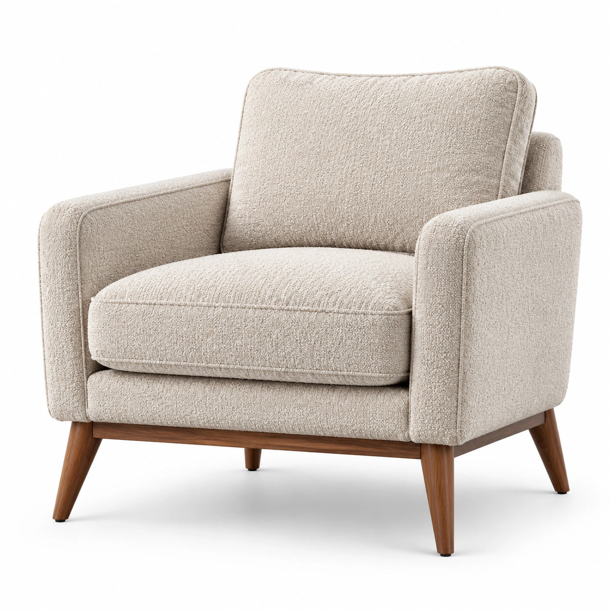 Fauteuil 1 place en tissu bouclé beige avec pieds en bois brun, 90 × 85 × 87 cm