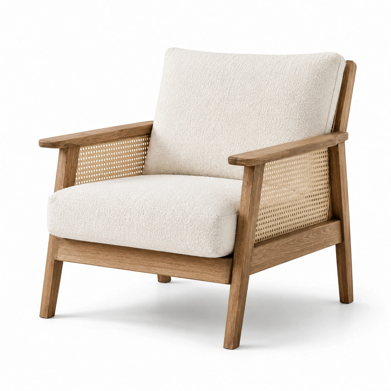 Fauteuil en bois et cannage avec tissu bouclette écru, 75 x 80 x 82 cm, style naturel