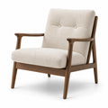 Fauteuil scandinave rétro en tissu bouclé écru et bois brun avec accoudoirs, 76 × 82 × 84 cm