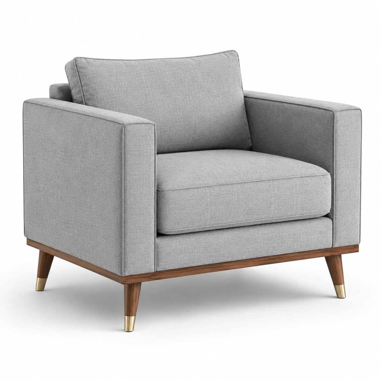 Fauteuil 1 place en tissu gris clair, base en bois brun et détails dorés, 110 × 90 × 85 cm
