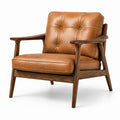 Fauteuil rétro capitonné en bois brun et effet cuir cognac, 78 × 82 × 84 cm