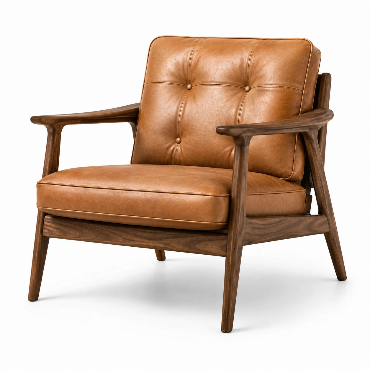 Fauteuil rétro capitonné en bois brun et effet cuir cognac, 78 × 82 × 84 cm