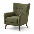 Fauteuil rétro 1 place en tissu vert olive avec pieds en bois brun, 78 × 82 × 98 cm