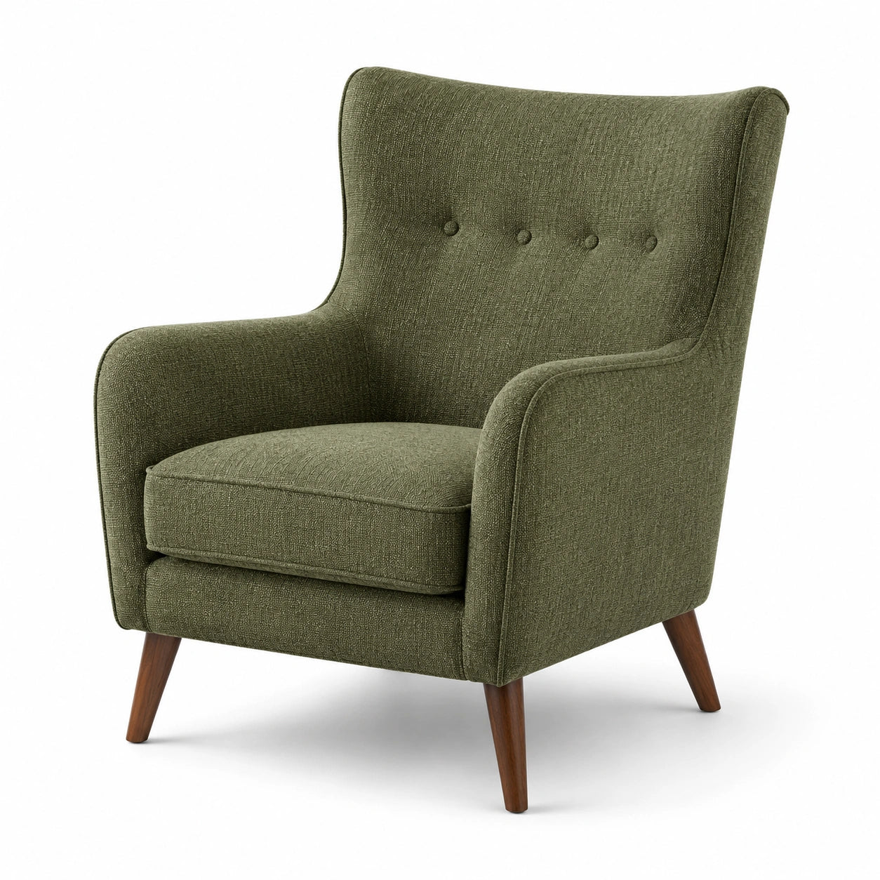 Fauteuil rétro 1 place en tissu vert olive avec pieds en bois brun, 78 × 82 × 98 cm