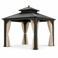 Tonnelle de jardin en métal noir avec rideaux beiges et double toit, 300 × 300 × 310 cm