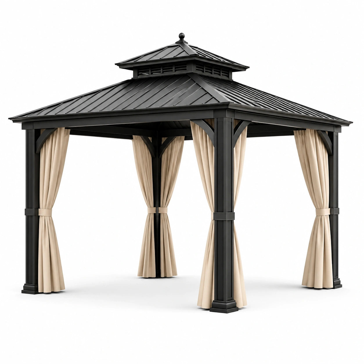 Tonnelle de jardin en métal noir avec rideaux beiges et double toit, 300 × 300 × 310 cm