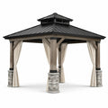 Tonnelle de jardin carrée 360 × 360 × 320 cm en bois brun et métal noir avec rideaux beiges