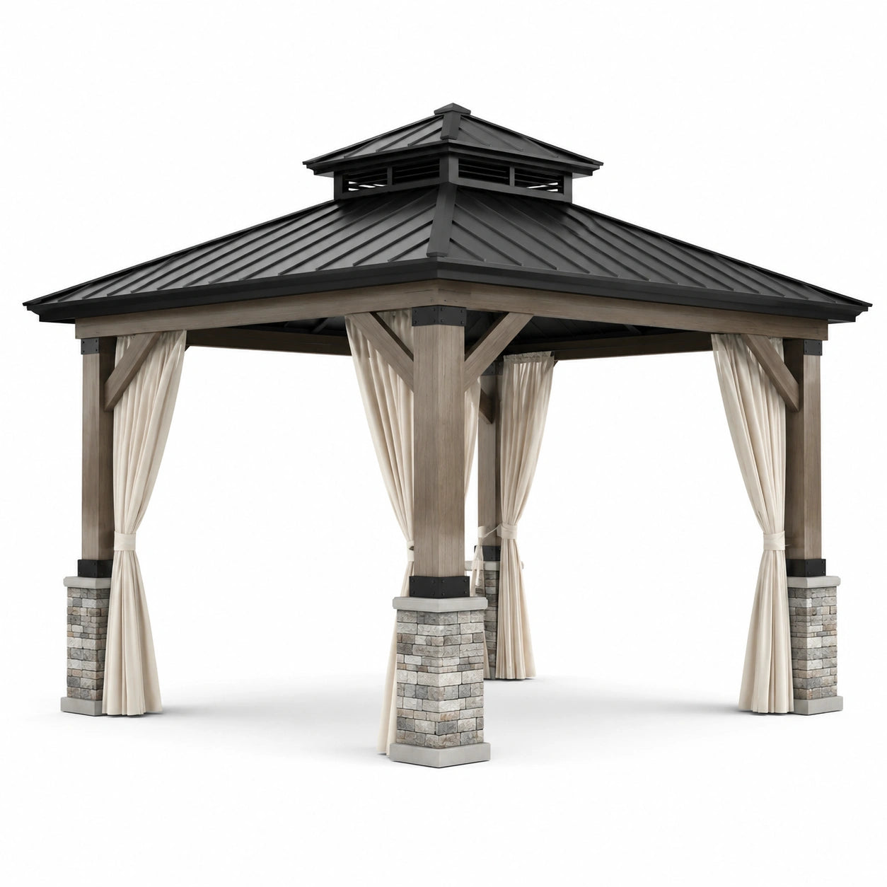 Tonnelle de jardin carrée 360 × 360 × 320 cm en bois brun et métal noir avec rideaux beiges