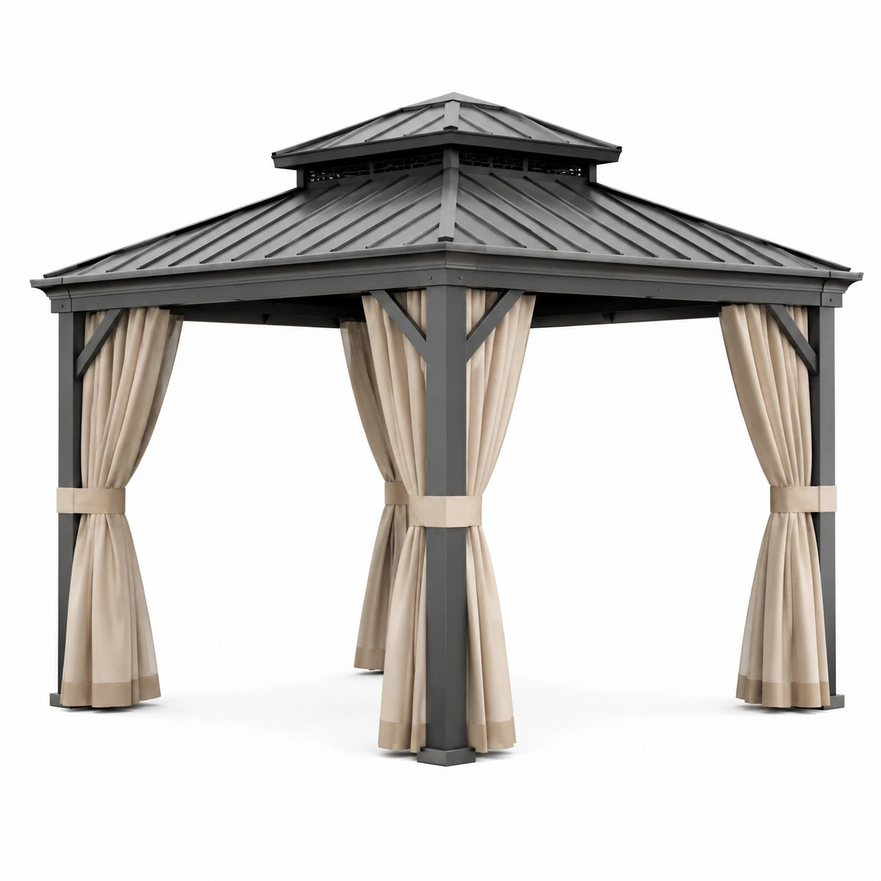 Tonnelle de jardin 300 × 300 × 275 cm avec structure métallique anthracite, toit rigide et rideaux beiges