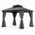 Tonnelle de jardin en métal gris anthracite avec toit rigide à double niveau et rideaux, 300 × 300 × 280 cm