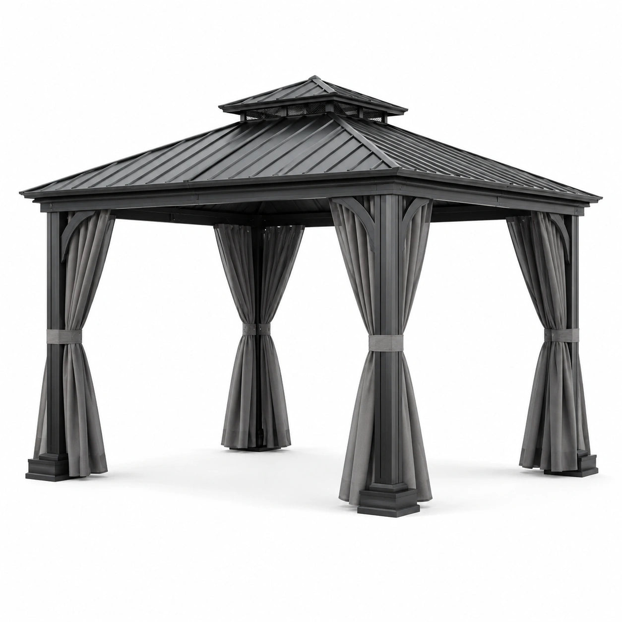 Tonnelle de jardin en métal gris anthracite avec toit rigide à double niveau et rideaux, 300 × 300 × 280 cm