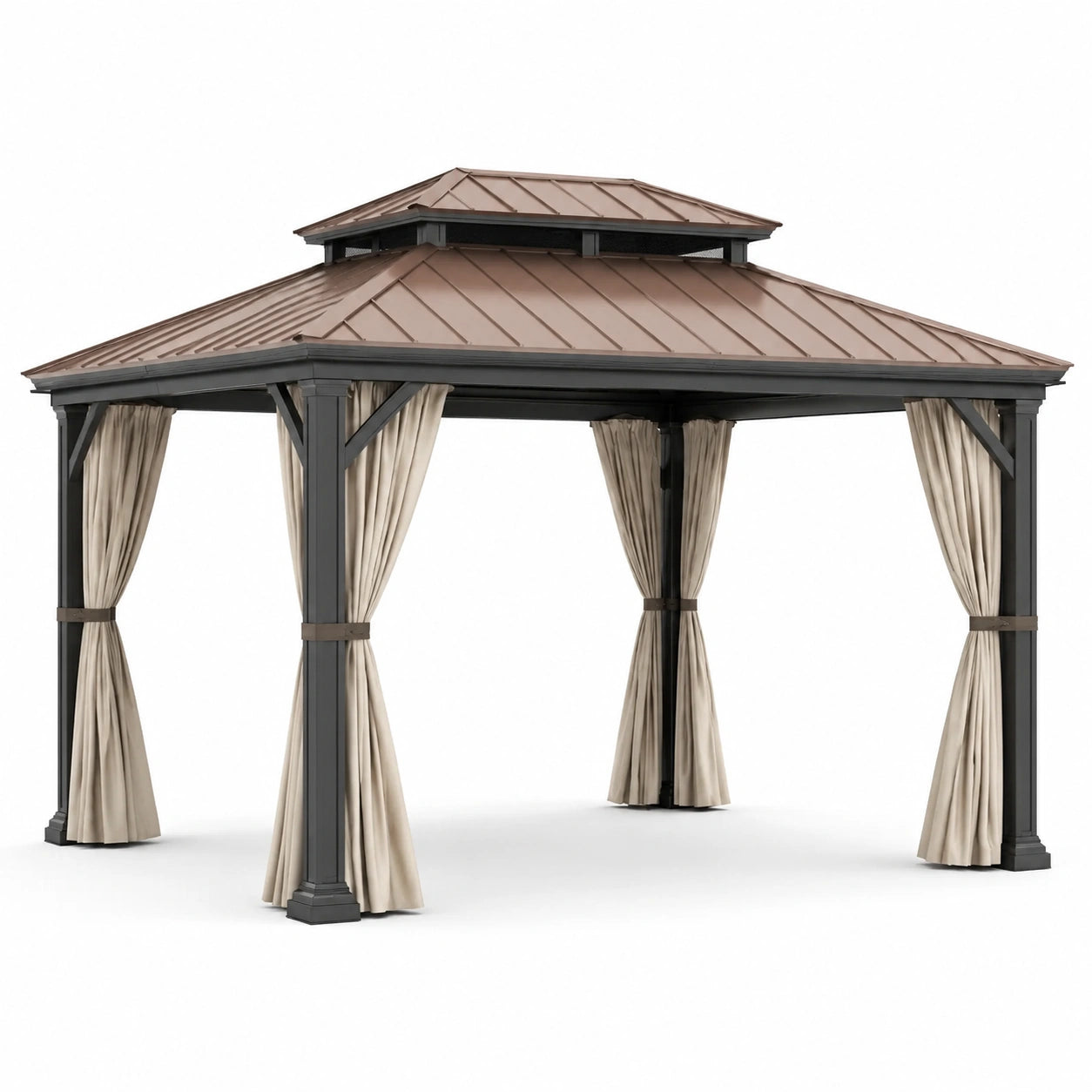 Tonnelle de jardin en métal anthracite avec toit rigide brun et rideaux taupe, 400 × 300 × 280 cm