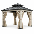 Tonnelle de jardin carrée en métal beige et anthracite 300 × 300 × 280 cm avec toit rigide et rideaux
