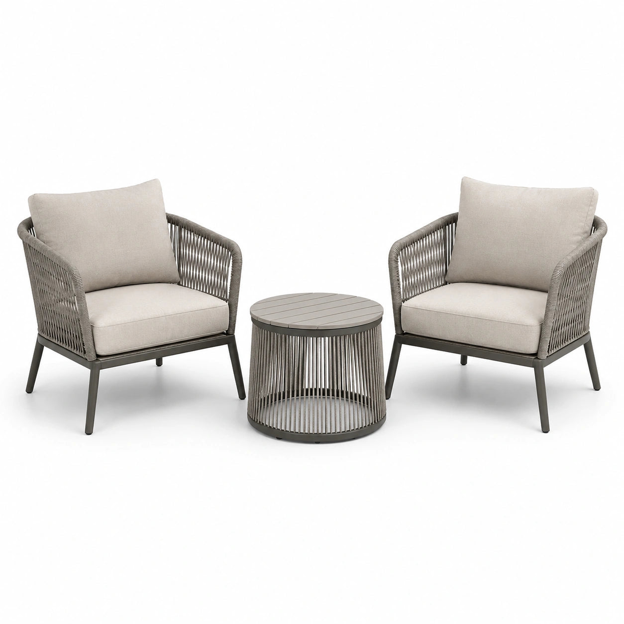 Ensemble de jardin 3 pièces, 2 fauteuils 76 × 78 × 82 cm et table ronde Ø 60 × 45 cm, taupe, beige et anthracite