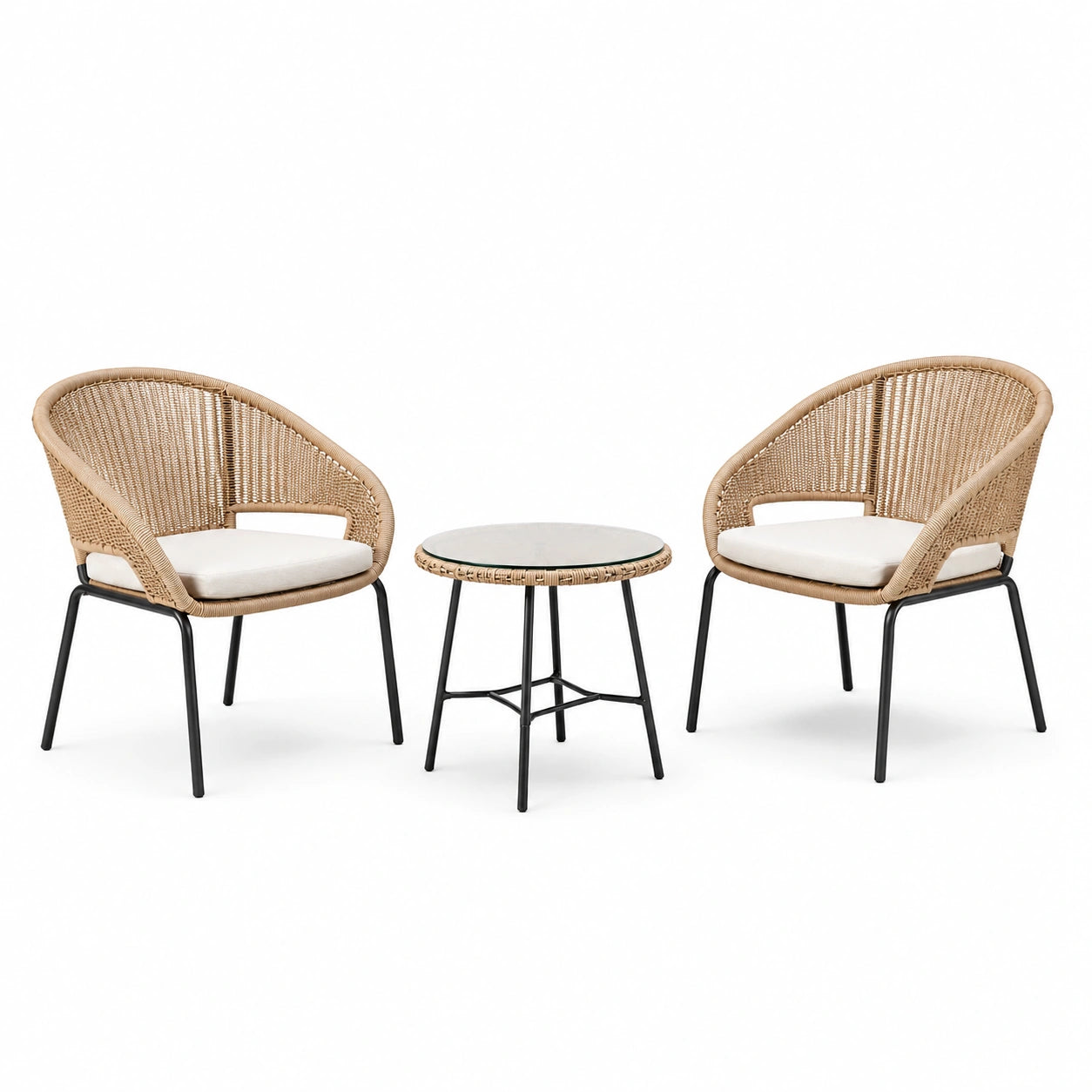 Ensemble de jardin 3 pièces avec 2 fauteuils de 57 × 58 × 77 cm et table ronde de 50 × 47 cm, beige, noir et blanc cassé