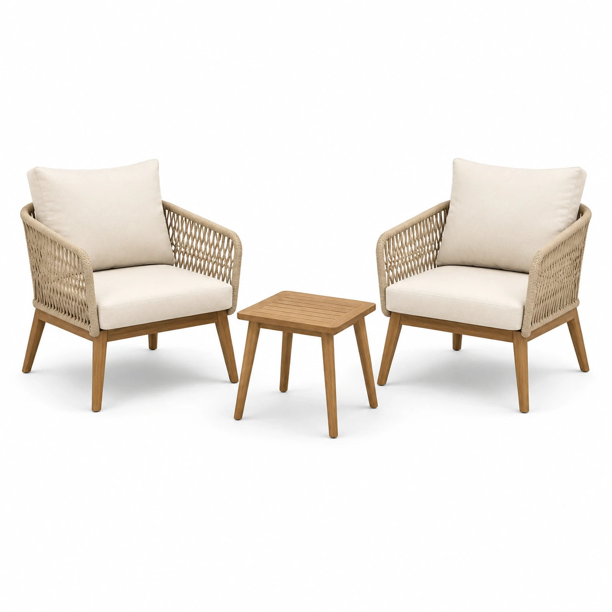 Ensemble 3 pièces beige, bois naturel et écru avec 2 fauteuils de 74 × 78 × 84 cm et table de 50 × 50 × 42 cm