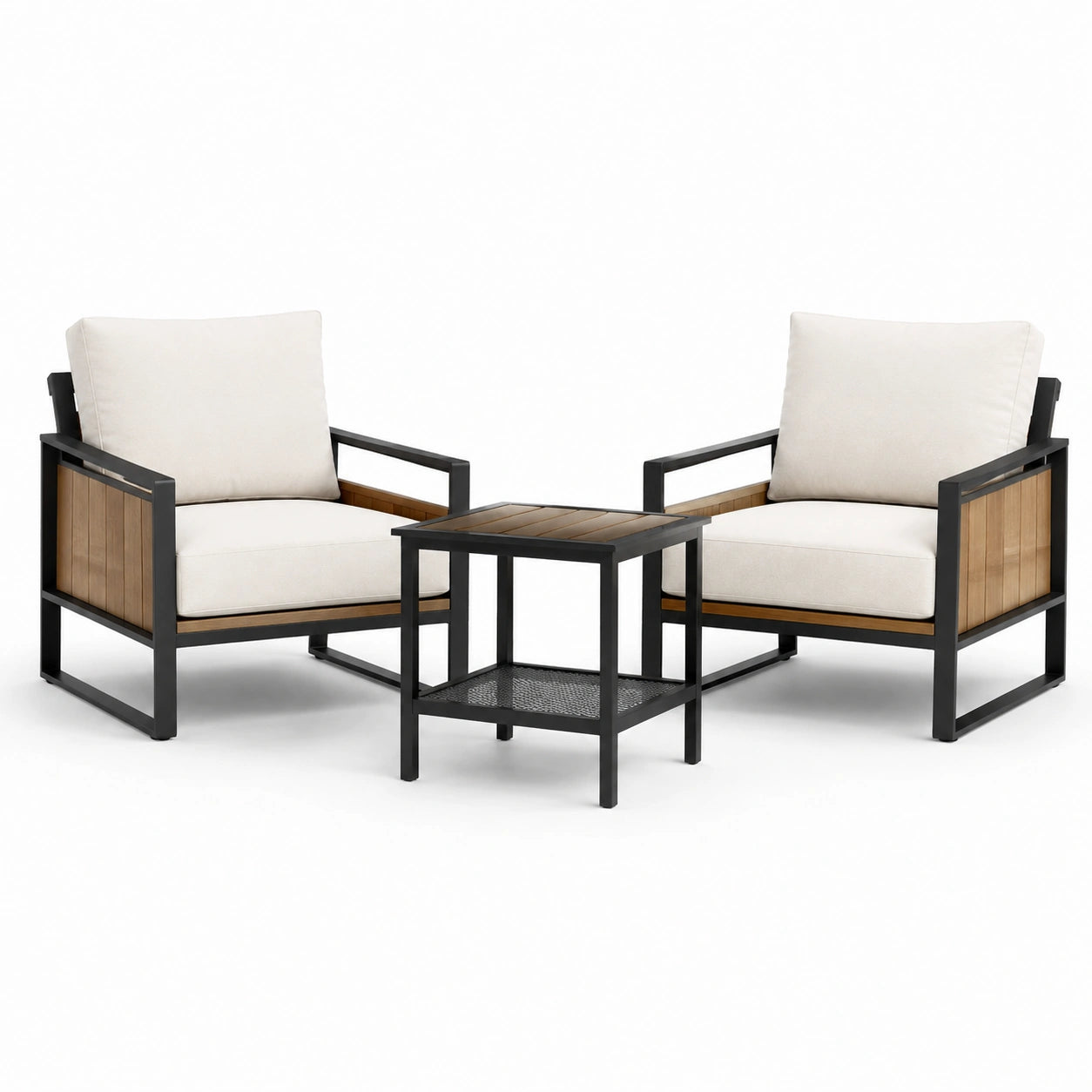 Salon de jardin 3 pièces avec 2 fauteuils 75 × 78 × 78 cm et table 55 × 55 × 55 cm, noir, brun et écru