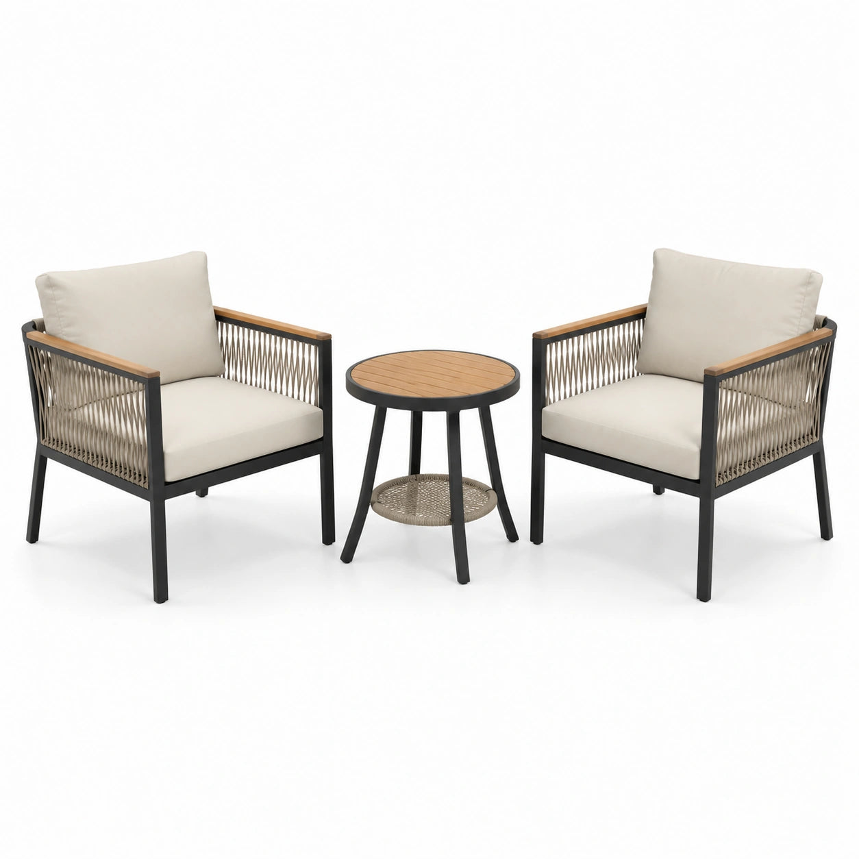 Salon de jardin 3 pièces avec 2 fauteuils 68 × 72 × 82 cm et table ronde Ø 55 × H 55 cm, beige, noir et marron clair
