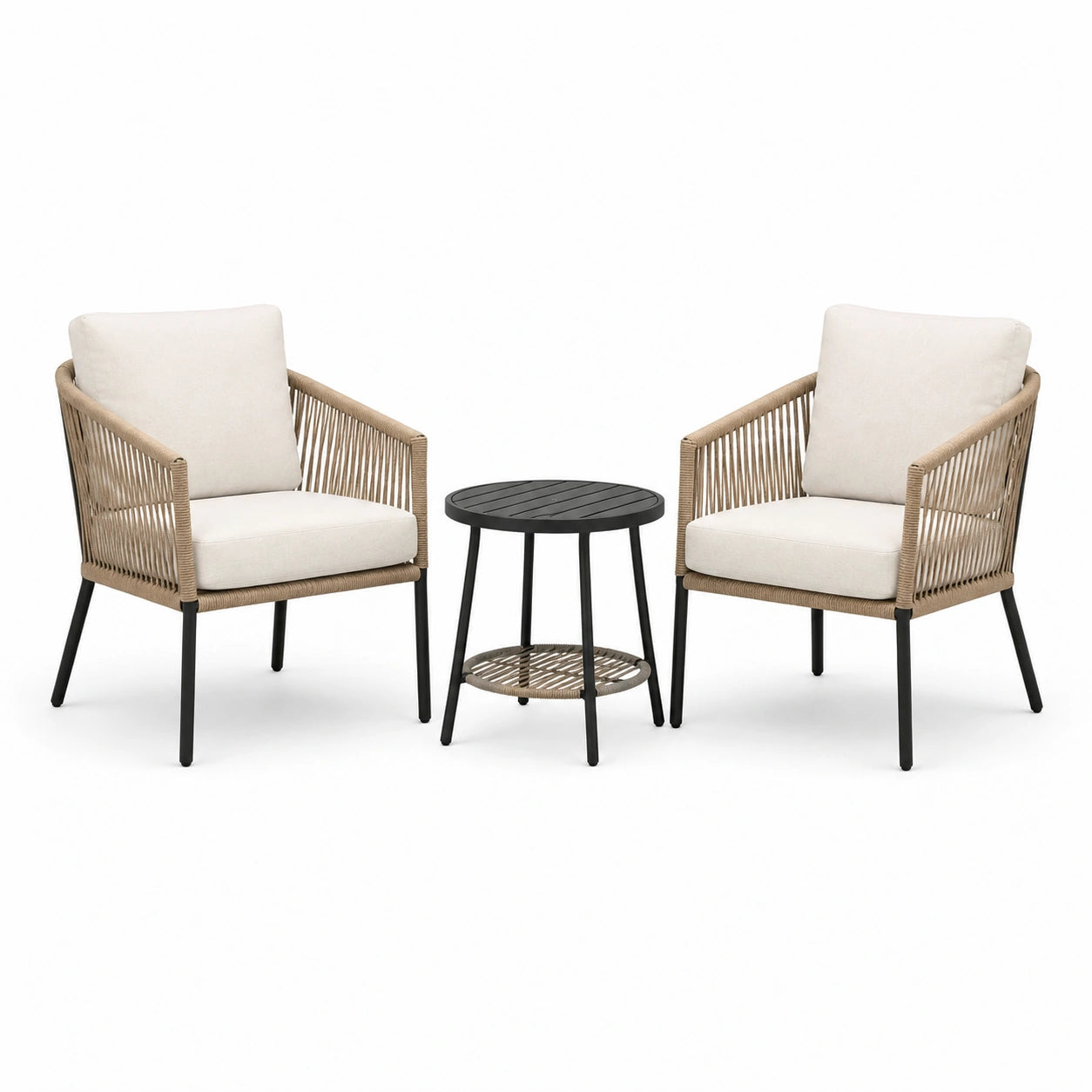 Ensemble d’extérieur 3 pièces avec 2 fauteuils 63 × 67 × 82 cm et table ronde Ø 50 × 52 cm, beige, noir et blanc cassé